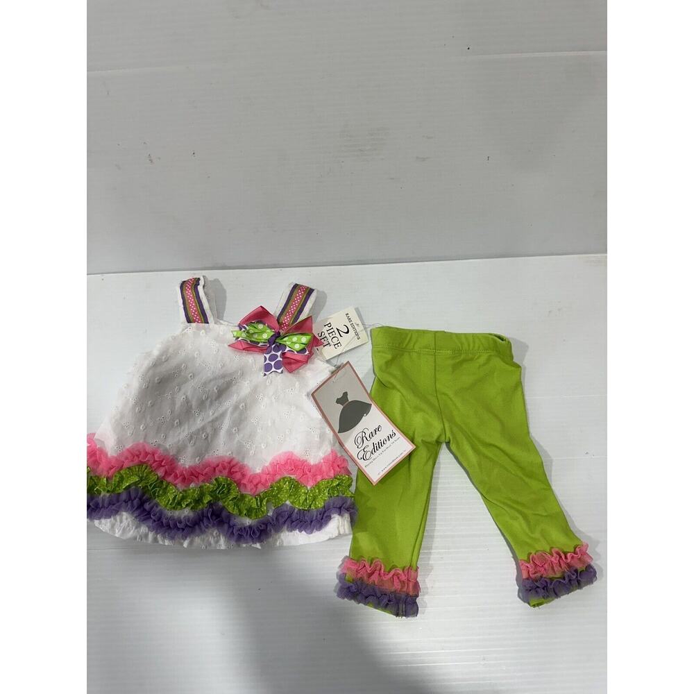 Rare Additions Toddler Girl's 2-Piece Outfit Green/whit Ruffles Sz. 3-6 M